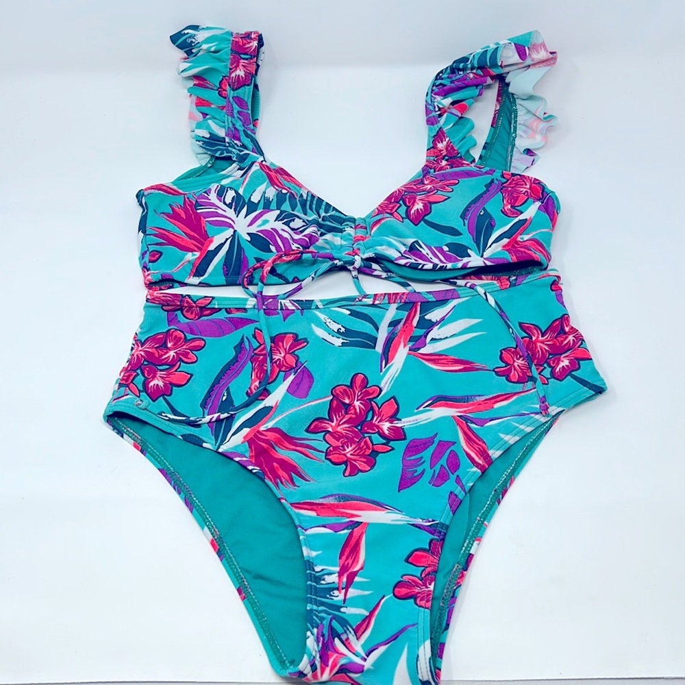 Beach Joy Teal Pink Tropical Floral Ruffle Bikini Swimsuit Size Small